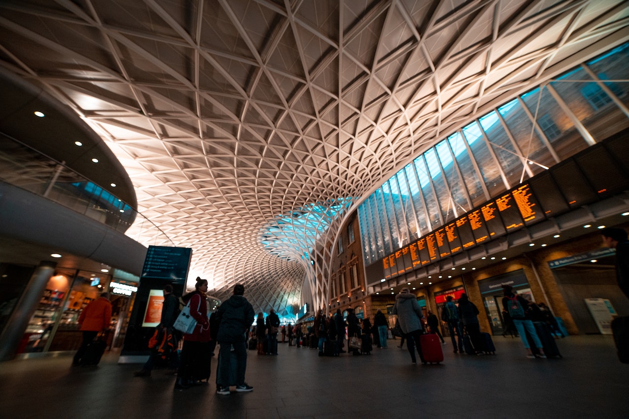 a group of people in a large building